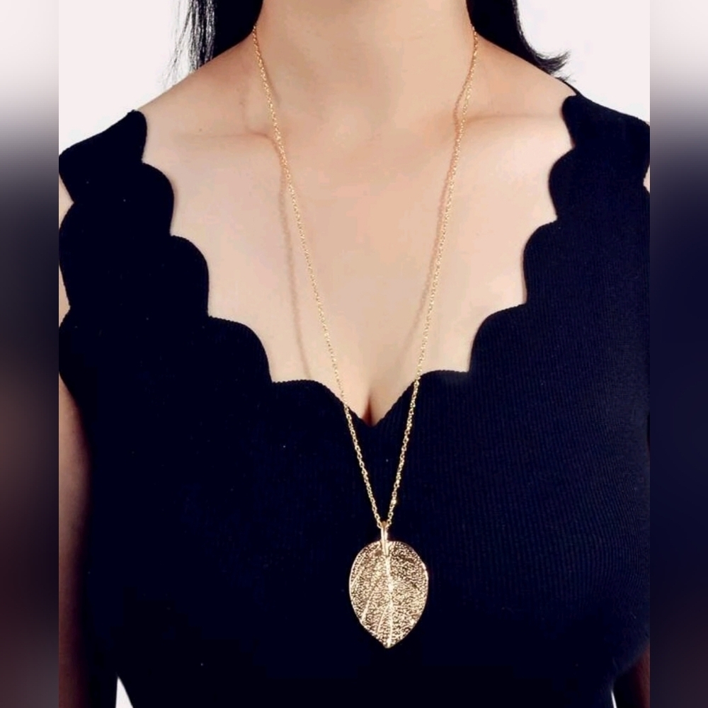 Gold tone Leaf Pendant long Necklace for woman